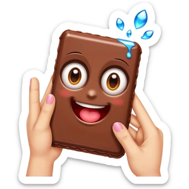 bitten chocolate bar with big sparkling eyes, drooling mouth, blushing cheeks, hands reaching toward it, colorful, expressive, minimalistic, modern emoji style sticker