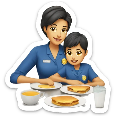 mama e hijo desayunando con uniforme de preescolar sticker