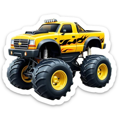 Maximum Destruction - Monster Jam (Model Year: 2021) (Iconic colour: Yellow with black flames) - A ferocious monster truck featuring a vivid yellow base accented by dramatic black flame patterns. Emphasize sharp, high-contrast flame streaks across the body, creating a look of aggressive, explosive energy. sticker