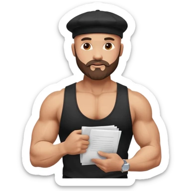 Buff bald bearded guy in black cap flexing, Instagram icon on chest, papers flying around, sparkles, minimal style sticker