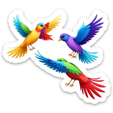 Three colorful birds flying together in the sky, each with vibrant feathers, wings spread wide, moving in harmony and creating a lively, joyful scene sticker