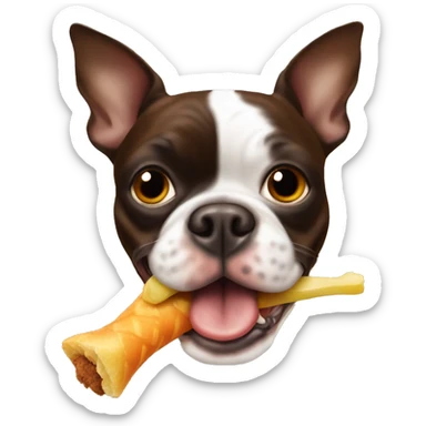 Brown Boston terrier with rubber chicken in mouth sticker