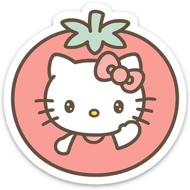 Hello Kitty waving hand inside a tomato, simple and cute style sticker