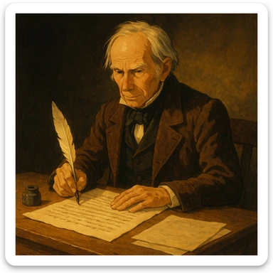 ghibli style historical painting of Henry Clay writing the Compromise of 1850 at a desk with parchment and quill, dramatic lighting sticker
