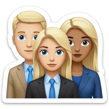 three people, one white man with dark hair and light skin and dark eyes, one man with dark hair, tan skin and dark eyes and one woman with blonde hair and blue eyes all three in business clothing sticker