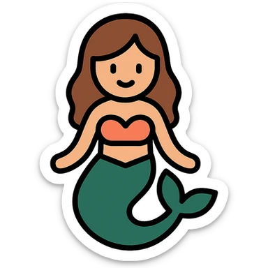 a mermaid with a forest green tail and chestnut brown hair, modern clean icon style, simple, clear lines sticker