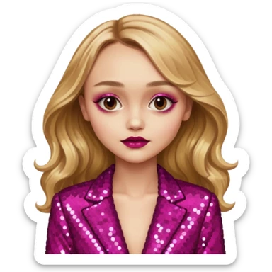 Lily-Rose Depp with long golden blonde hair, dark pink sequin outfit, makeup sticker