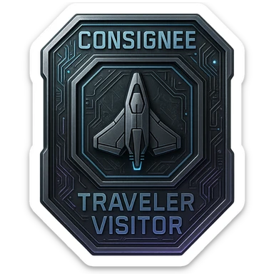a metal insignia badge for a consignee traveler visitor, space scifi-futuristic cyberpunk futurepunk sticker