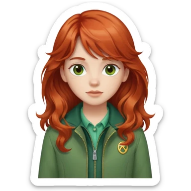 White red-haired girl with wavy long hair, brown eyes, and bangs and a green jacket sticker