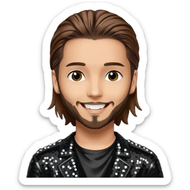 Tom Kaulitz from Tokio Hotel with long brown hair, black sequin outfit  sticker