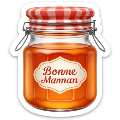 Bonne Maman orange marmalade jar, glass jar with red gingham lid, minimal style, orange marmalade, cute emoji style sticker