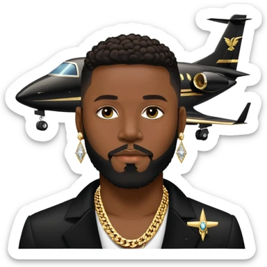 portrait of a Josh king Madrid in black with a gold private plane behind him . Wearing big sparkly diamond earrings and diamond chains on with a cigar in his mouth. Light black clean perfect lined up thin-beard . Looks unfazed cool sticker