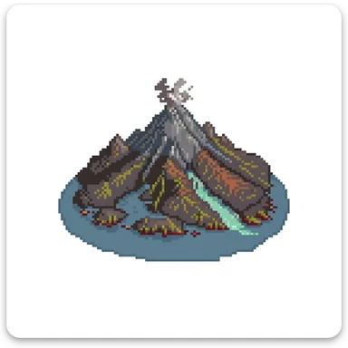 Volcanic island with multiple erupting peaks and ash clouds sticker