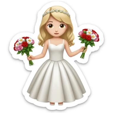 Chica blanca, cabello rubio, recogido en moño alto con mechones, vestido novia , cuerpo entero, ramo de flores en una mano, cola trasera sticker