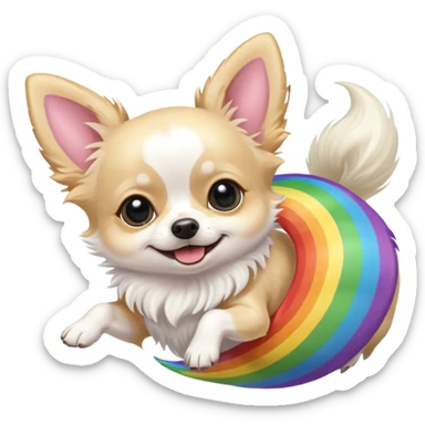 White long hair chihuahua jumping over a rainbow  sticker