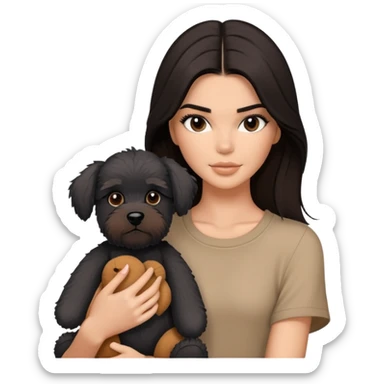 Kendall Jenner with long dark hair, holds a brown teddy bear and a black schnauzer sticker
