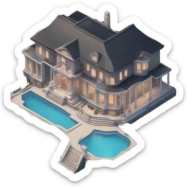 luxurious mansion viewed from above at a 45deg angle so you can see the front and side both. no pool, just a driveway, and uplit from the bottom sticker