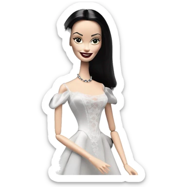 Morticia Addams Barbie at home. Smiling. Filmy nightgown . Very Pale-white porcelain skin.  sticker