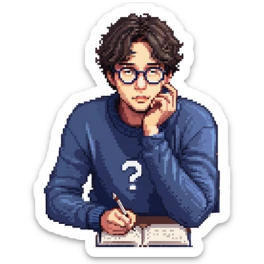 Flat pixel are, calm and curious male thinker, light skin, short tousled dark hair, round glasses, focused expression, wearing an indigo sweater, seated at a desk with open books and a floating question mark above his head, one hand resting under his chin in thought, waist-up, front-facing sticker