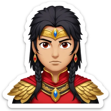 Cinematic Stunning Mulan Portrait Emoji, Fierce yet graceful, flowing raven-black hair, piercing brown eyes filled with determination, adorned in regal red and gold warrior attire, glowing with the strength and beauty of a true heroine, an elegant warrior in her prime! sticker