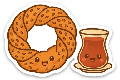 Add a traditional Turkish tea glass next to the simit, keeping the fun and appealing chibi sticker style, with no background. sticker