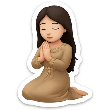 Change the dress color to tan, keep the woman kneeling and praying, long dark brown hair, emoji style, no background. The style should resemble emoji style with simple and clear features. sticker