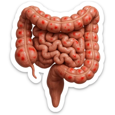 intestino umano anatomico con rossori sparsi sul colonm, iperrealistico 4k sticker