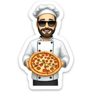 Dark haired chef with beard and big dark glasses holding a slice of pizza sticker