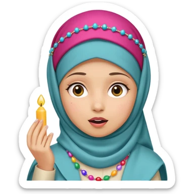 A hijab girl blushing and looking surprised with a party hat and a tasbih on her head sticker