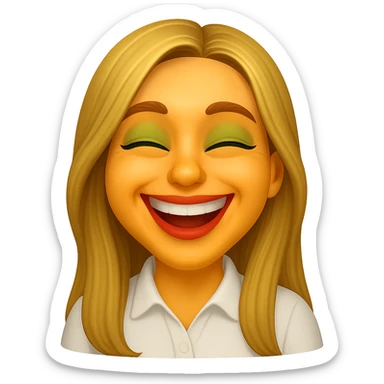 Create an image of a blonde person with long hair and swamp-like eyes laughing. The style should resemble the apple emoji style but without any apple logo or fruit elements. The background should be transparent. sticker