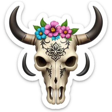 Aesthetic bull skull cranium with flowers, black painted tribal tattoo pattern markings  sticker