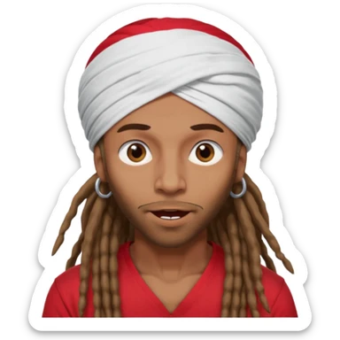 Brownskin man with long brown dreadlocks 
red t-shirt 
white turban 
expression is in love 
his eyes mouth open  sticker