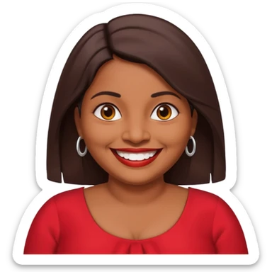 50 yr old chubby Sri Lankan woman, dark skin, straight brown hair, big smile, white teeth, red dress clothes, shoulder length hair sticker