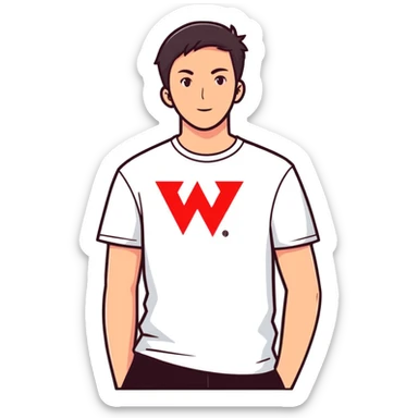 white t-shirt with large red W on chest, minimal style sticker
