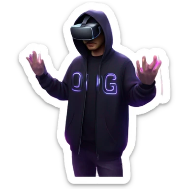Russian man wearing a black hoodie with "OMG" letters on it and VR headset in a cyberpunk VR environment with violet neon lighting. sticker