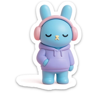 blue bunny in hoodie, one paw in pocket, headphones on, vinyl figure style sticker