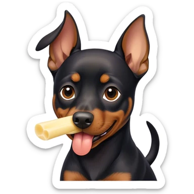 A black German pinscher eating with flappy ears a piece of string cheese sticker