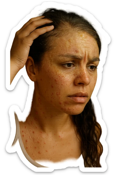 A highly realistic, cinematic close-up portrait of a young woman in her late 20s with medium skin tone, displaying visible folliculitis and seborrheic dermatitis. Small, red, inflamed follicular papules and pustules are scattered along her hairline, jawline, and upper neck, indicating folliculitis. Her scalp and areas around the nose and eyebrows show flaky, greasy yellowish scales, with redness and irritation, indicating seborrheic dermatitis. Her hair appears slightly greasy and clumps near the scalp, emphasizing excess sebum production. She gently touches her irritated scalp with concern while looking at herself in a softly lit bathroom mirror, expressing discomfort and frustration. The environment is neutral and clean, with daylight softly illuminating the scene to highlight the skin and scalp texture. The style is 35mm hyperrealistic, with warm neutral tones and shallow depth of field to maintain focus on her skin, inflammation, and emotional expression, visually explaining the physical discomfort and aesthetic concerns of living with folliculitis and seborrheic dermatitis sticker