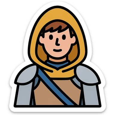 medieval hooded explorer with brown hair, no beard, wearing light armor, chest up view sticker