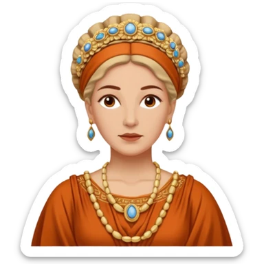 An emoji portrait of a mature Greek noblewoman. She wears a terracotta-colored chiton with intricate embroidery. Her hair is styled in an elegant updo, and she has a calm, wise expression. sticker