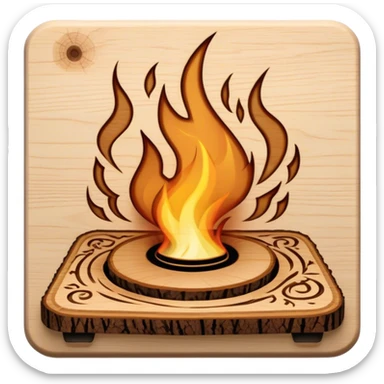 Pyrography icon, wooden board with intricate burn marks, pyrography wood burner in use, detailed patterns burned into the wood, minimalistic style, clean lines, transparent background. sticker