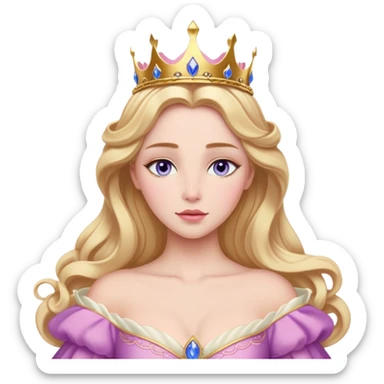 Cinematic Realistic Sleeping Beauty (Aurora) Portrait, with porcelain-like skin featuring a natural rosy flush, illuminated by soft lighting that highlights the gentle contours of her face. Her golden blonde hair flows in soft, detailed waves with subtle highlights that shimmer in the light. Her deep violet-blue eyes radiate warmth and innocence, framed by arched brows and long lashes. Her serene expression exudes quiet elegance. She is dressed in her classic pink gown, the fabric rich in texture with delicate folds that catch the light. A golden crown rests atop her head, gleaming with royal refinement. The portrait captures a soft, glowing aura, blending realism with an ethereal sense of beauty and timeless enchantment. sticker