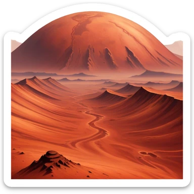 🔥 Cinematic Realistic Mars – A striking, high-resolution image of the Red Planet, featuring its iconic rust-colored terrain, deep canyons, and towering volcanoes. Swirling dust storms can be seen in the thin Martian atmosphere, with sunlight casting long shadows over its desolate, rocky landscape. sticker