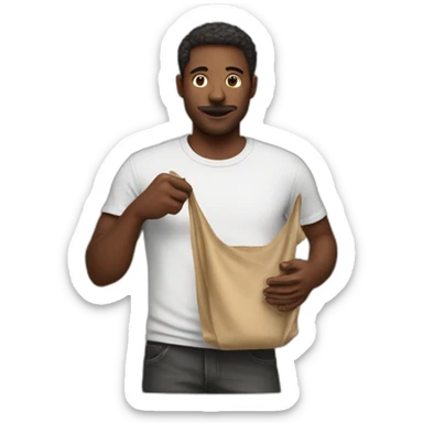man holding tee-shirt with a dark stain on it sticker
