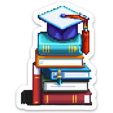 abstract pixel art, simple 3 books stack with graduation cap, minimal details sticker