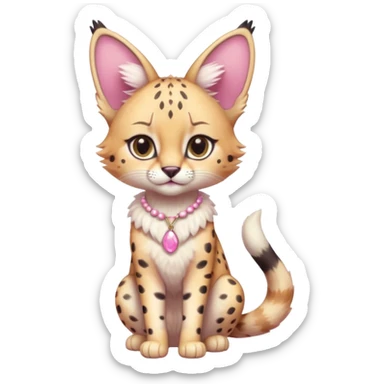 Whitish pastel-rosy-pink cute elegant furry kawaii Serval, full body, with a cute pretty necklace  sticker