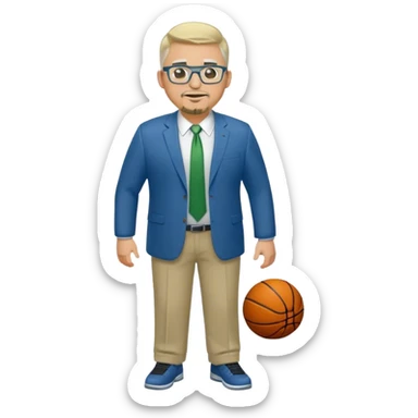 Full Body white male plus size wearing glasses with a goatee with light blonde and gray very short hair happy basketball head Coach in blue and green suit sticker