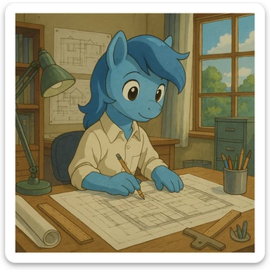 blue pony working as an architect sticker