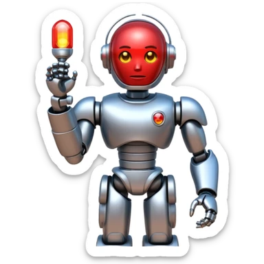 shiny muscular robot with red police light head facing backward emoji style sticker
