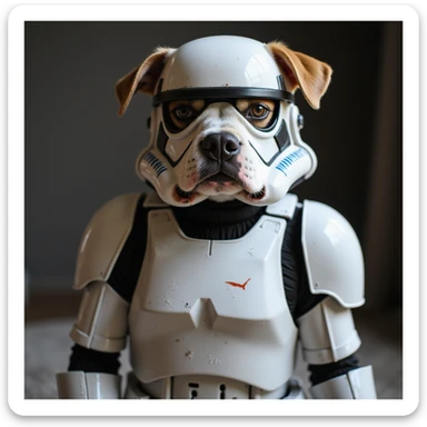 dog cosplaying as a Star Wars stormtrooper, detailed and realistic armor, lifelike pose, photorealistic style sticker
